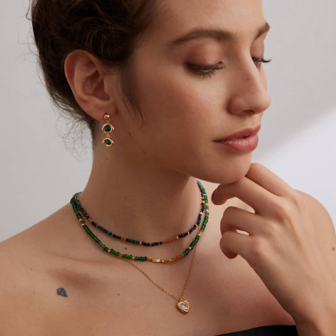 ［Dorothea Jewels］Triple Layer Bead & Heart Pendant Necklace Set