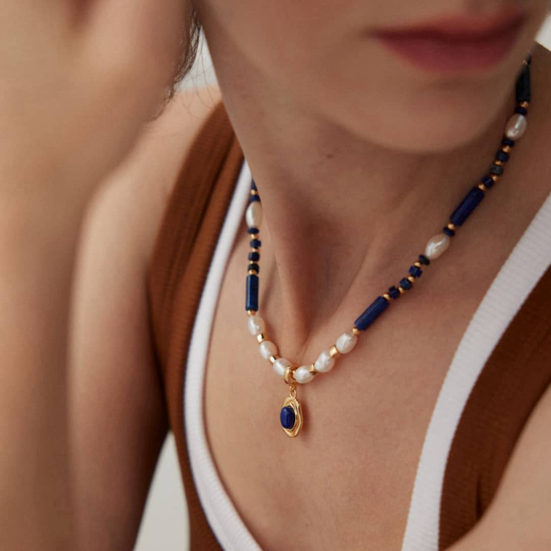 ［Dorothea Jewels］Lapis Lazuli & Natural Pearl Necklace + Open Pendant Set