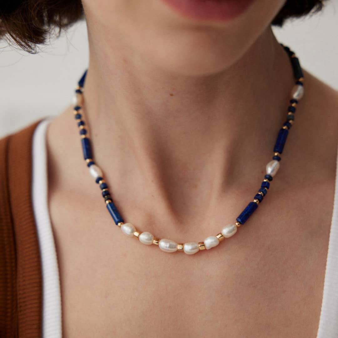 ［Dorothea Jewels］Lapis Lazuli & Natural Pearl Necklace + Open Pendant Set