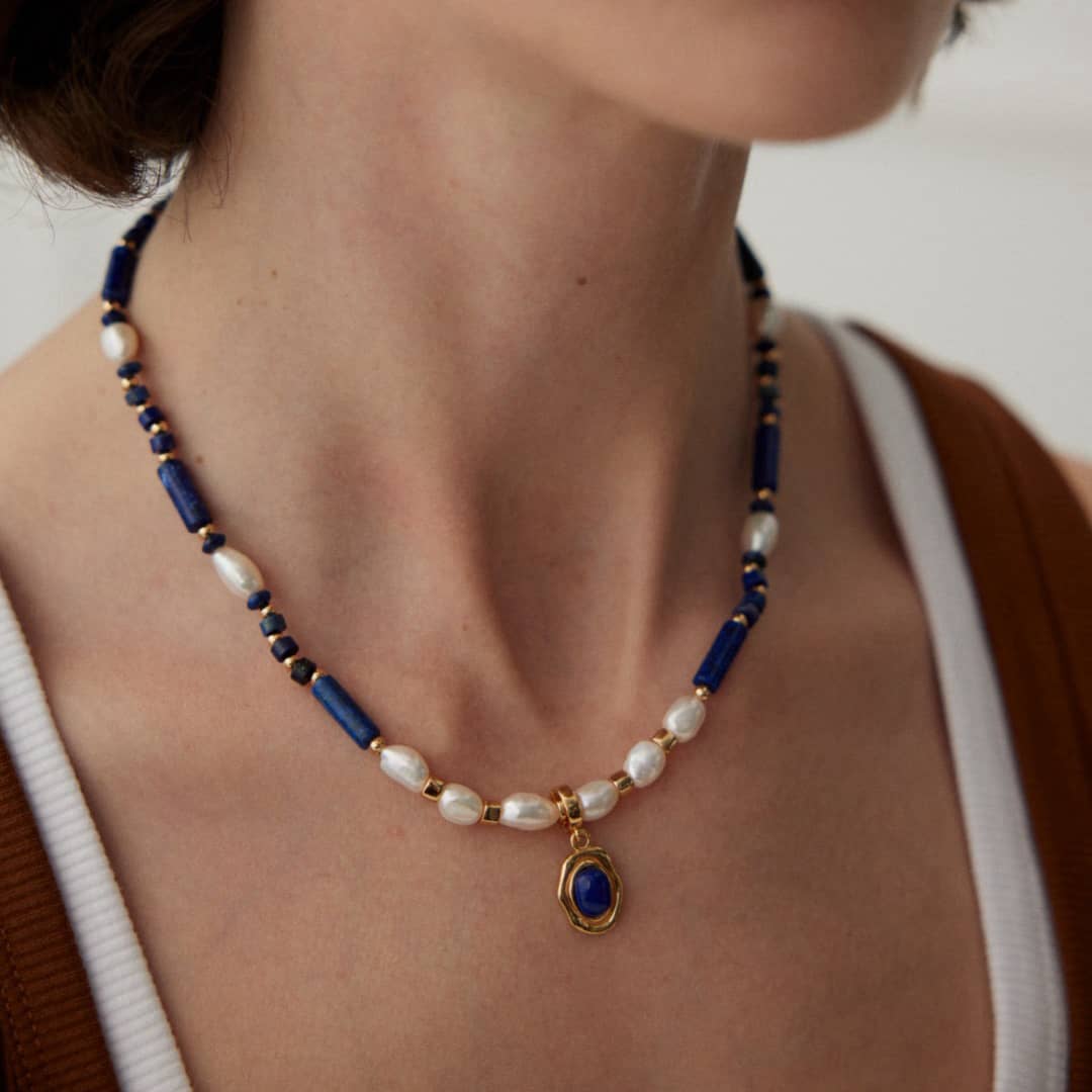 ［Dorothea Jewels］Lapis Lazuli & Natural Pearl Necklace + Open Pendant Set