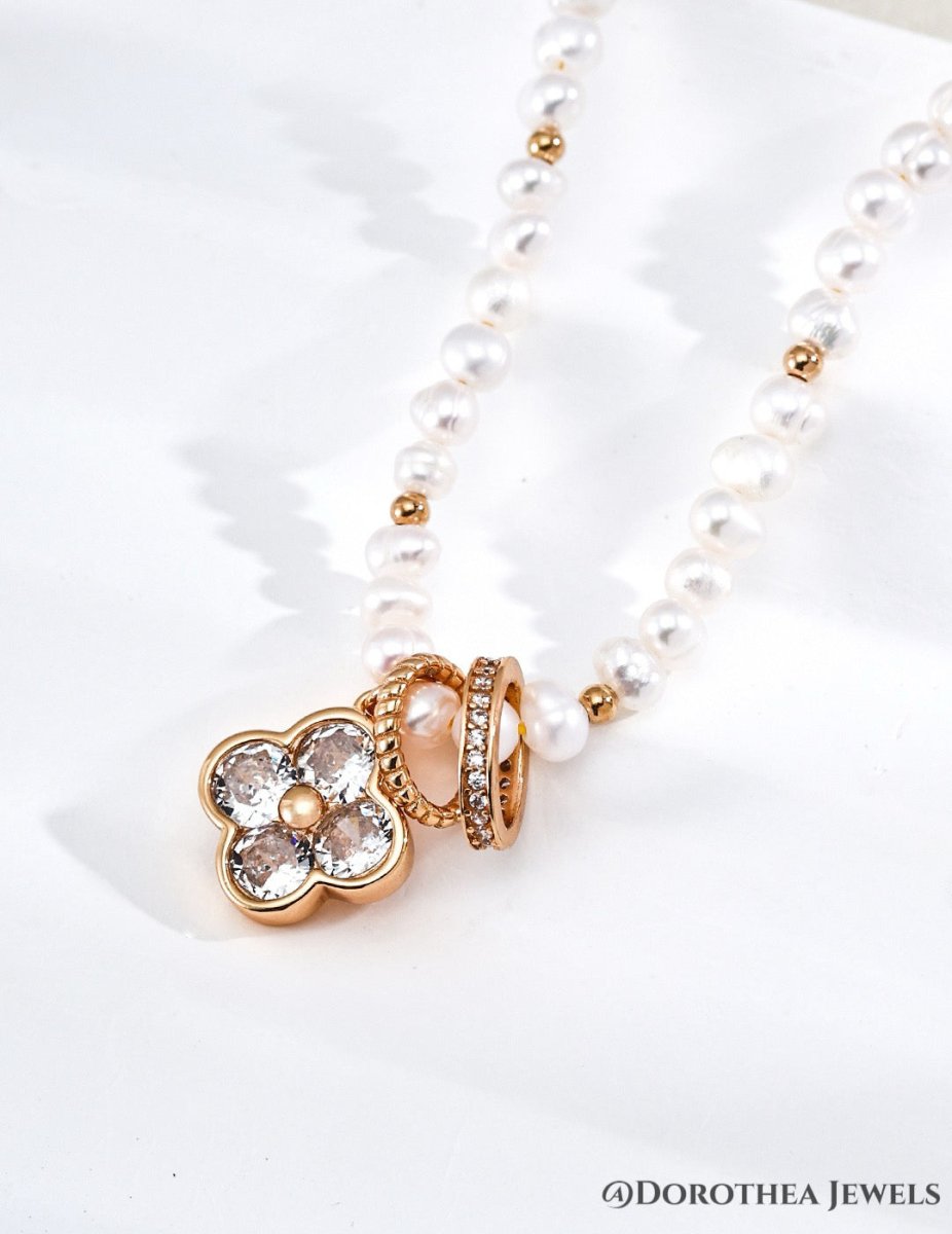 Four - Leaf Clover Natural Pearl & Zircon Necklace - DOROTHEA JEWELS