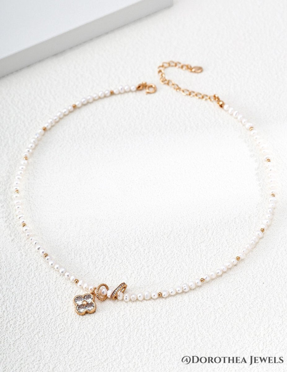 Four - Leaf Clover Natural Pearl & Zircon Necklace - DOROTHEA JEWELS