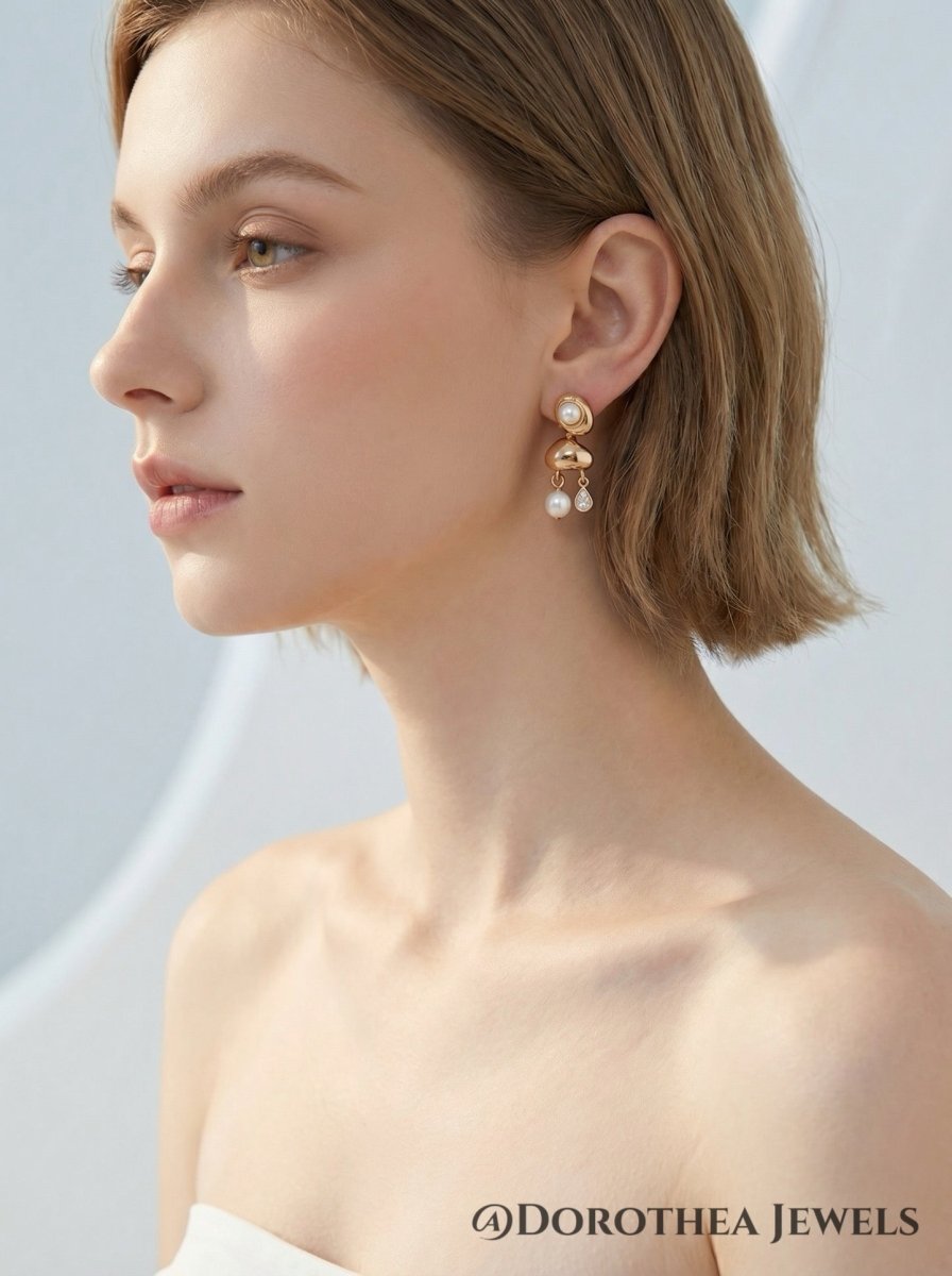 [Golden Dew] Pearl & Zircon Stud Earrings - DOROTHEA JEWELS