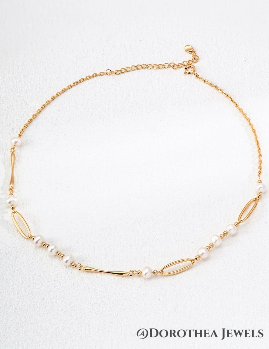 Delicate Pearl & Open Oval Link Choker - DOROTHEA JEWELS