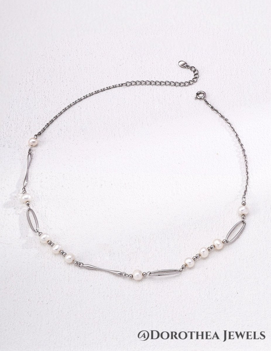 Delicate Pearl & Open Oval Link Choker - DOROTHEA JEWELS