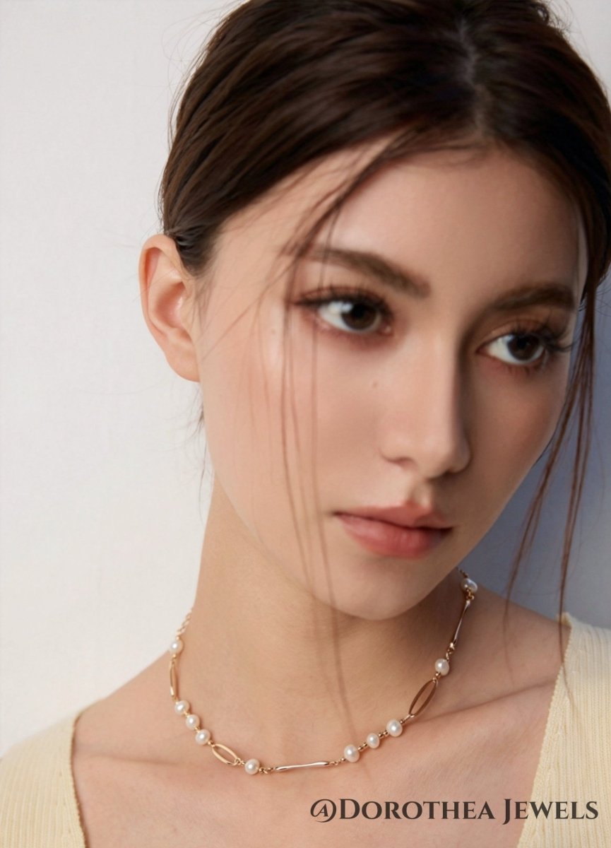 Delicate Pearl & Open Oval Link Choker - DOROTHEA JEWELS