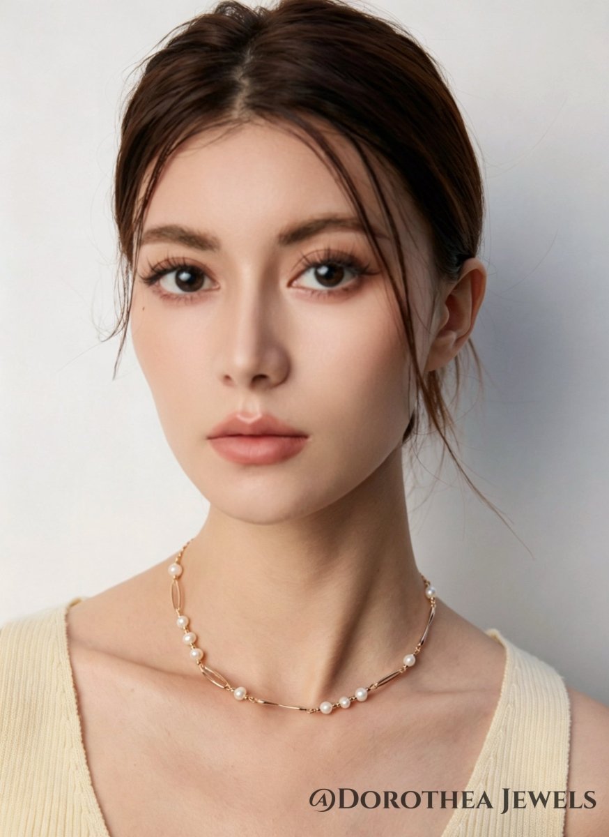 Delicate Pearl & Open Oval Link Choker - DOROTHEA JEWELS