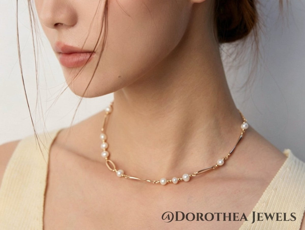 Delicate Pearl & Open Oval Link Choker - DOROTHEA JEWELS