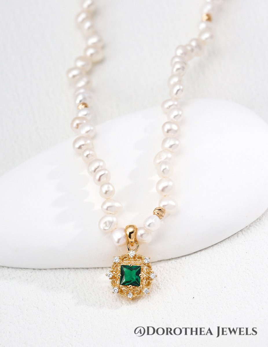Vintage Emerald CZ & Natural Pearl Pendant Necklace/ Bracelet - DOROTHEA JEWELS
