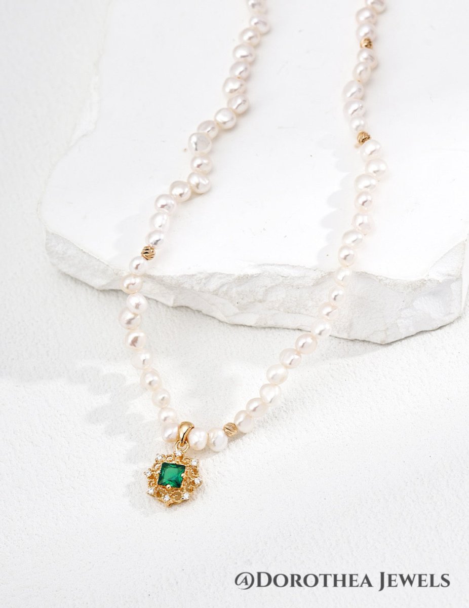 Vintage Emerald CZ & Natural Pearl Pendant Necklace/ Bracelet - DOROTHEA JEWELS