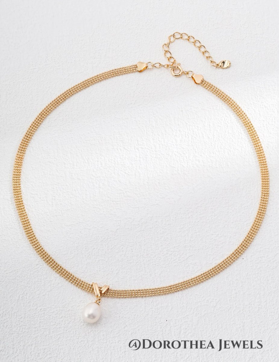 Mesh Chain Natural Pearl Drop Choker Necklace - DOROTHEA JEWELS