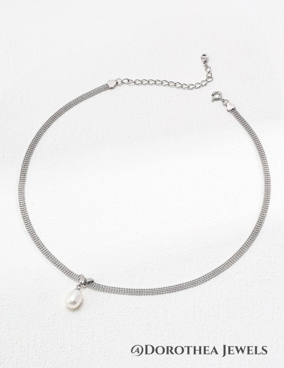 Mesh Chain Natural Pearl Drop Choker Necklace - DOROTHEA JEWELS