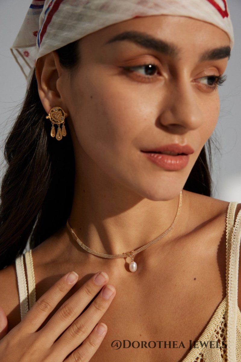 Mesh Chain Natural Pearl Drop Choker Necklace - DOROTHEA JEWELS