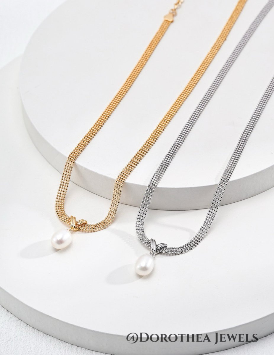 Mesh Chain Natural Pearl Drop Choker Necklace - DOROTHEA JEWELS