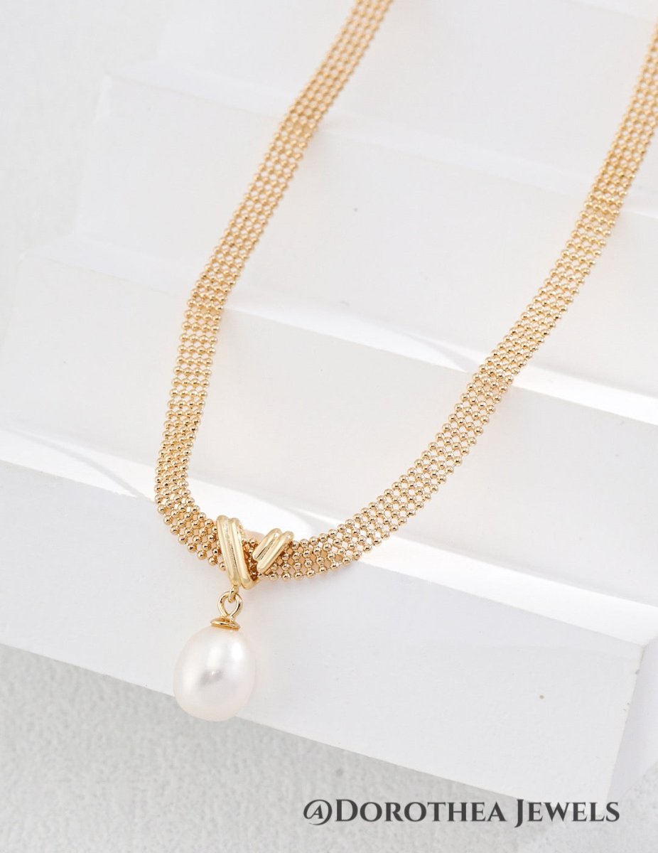 Mesh Chain Natural Pearl Drop Choker Necklace - DOROTHEA JEWELS