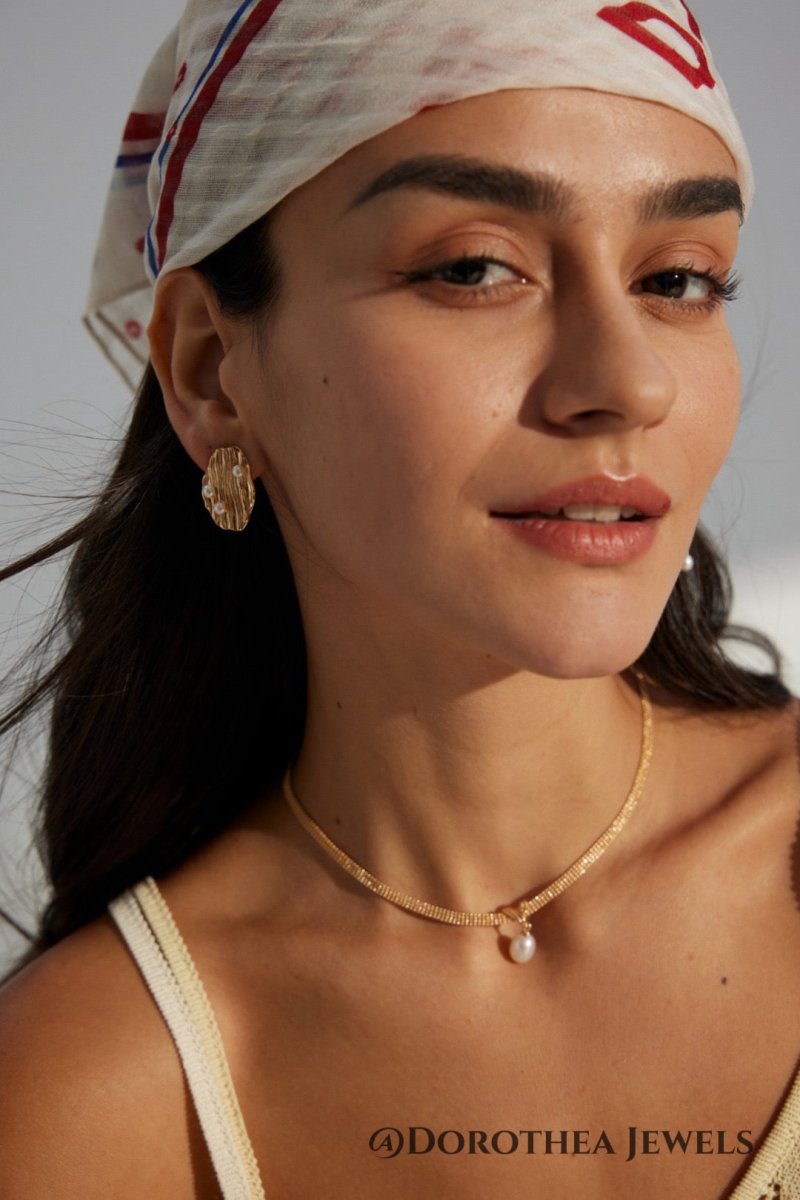 Mesh Chain Natural Pearl Drop Choker Necklace - DOROTHEA JEWELS