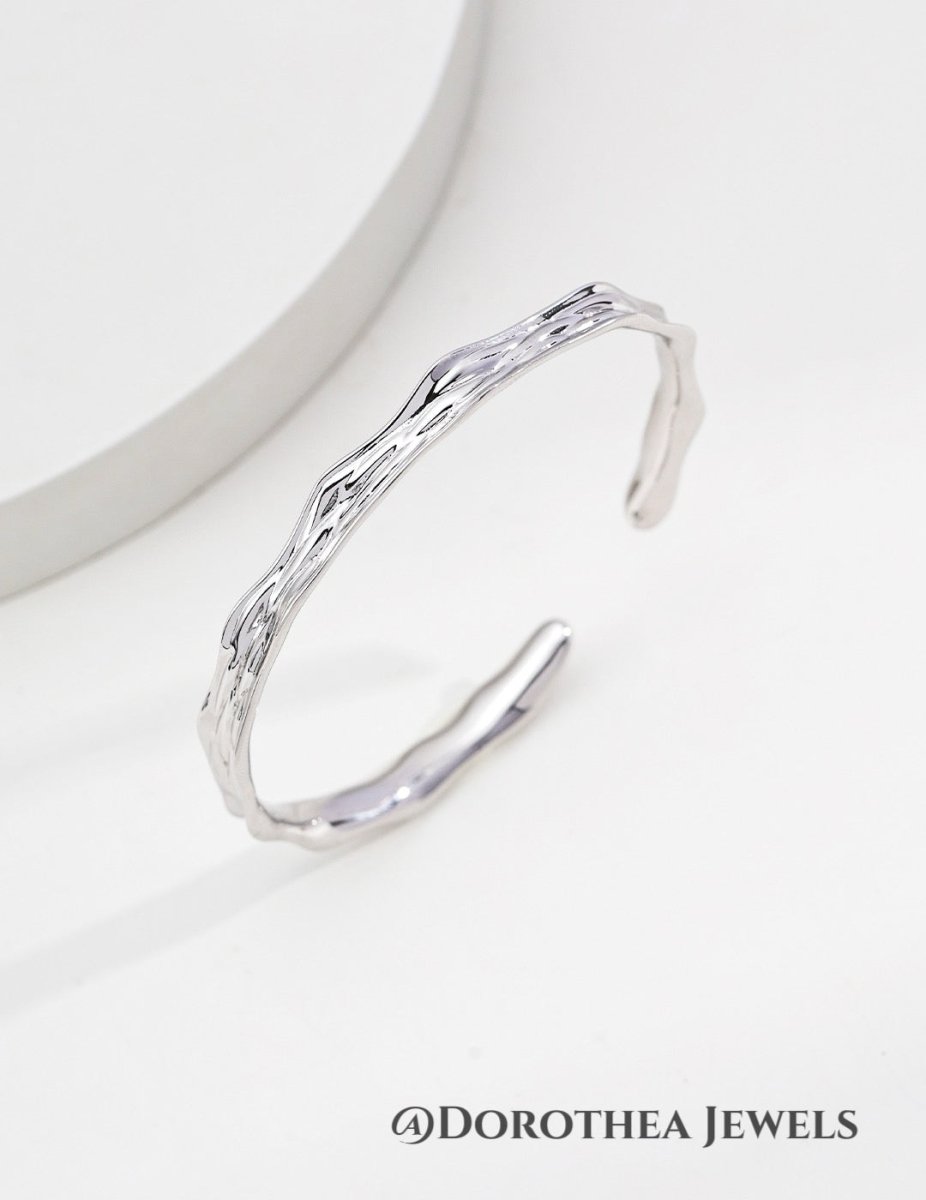 Minimalist Textured Wave Open Cuff Bangle - DOROTHEA JEWELS