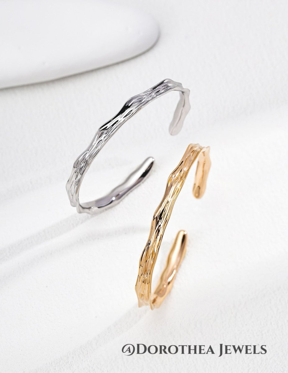 Minimalist Textured Wave Open Cuff Bangle - DOROTHEA JEWELS