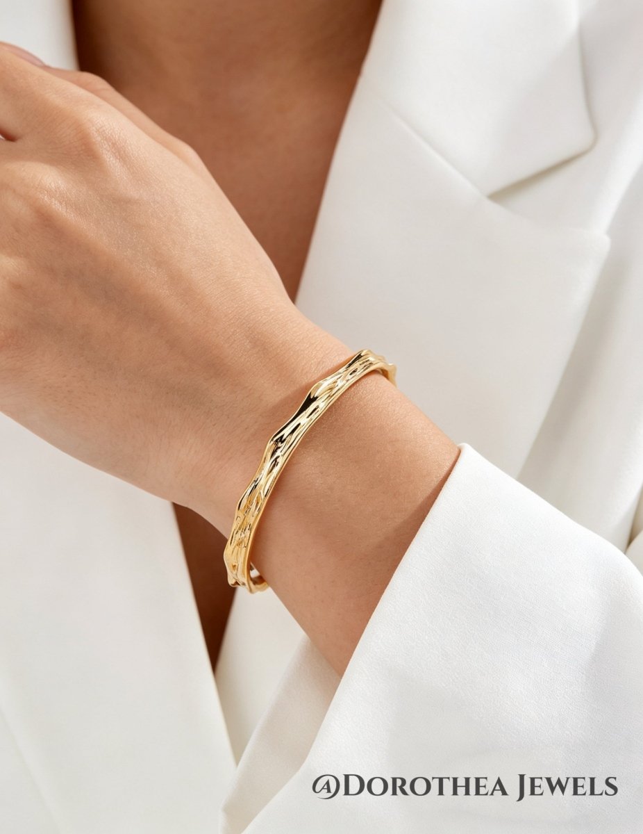 Minimalist Textured Wave Open Cuff Bangle - DOROTHEA JEWELS