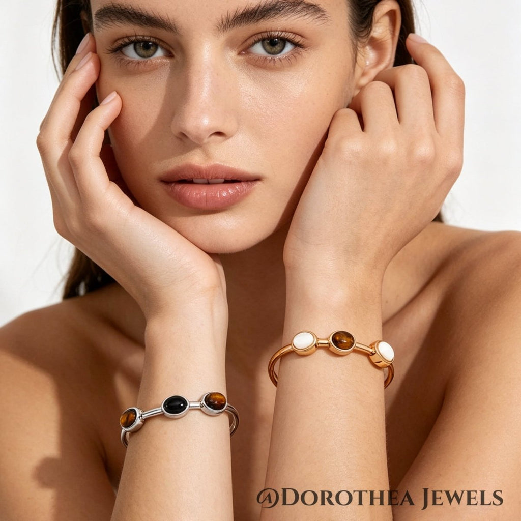 Duo - Tone Natural Stone Stackable Bangle - DOROTHEA JEWELS