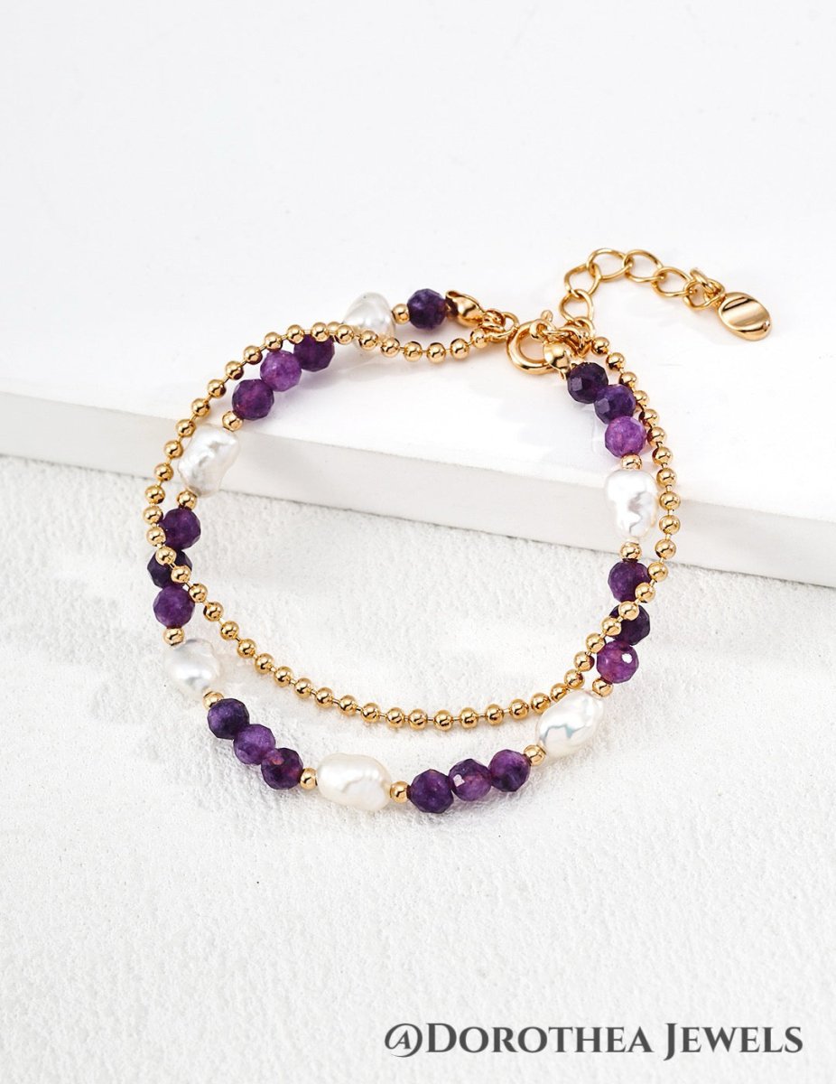 Twilight Bloom Amethyst & Pearl Layered Bracelet - DOROTHEA JEWELS