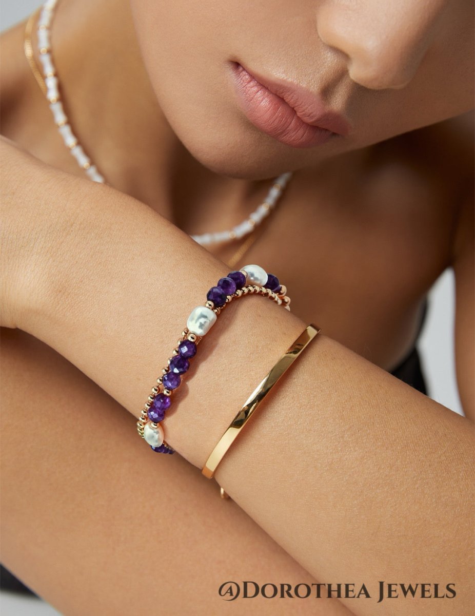 Twilight Bloom Amethyst & Pearl Layered Bracelet - DOROTHEA JEWELS