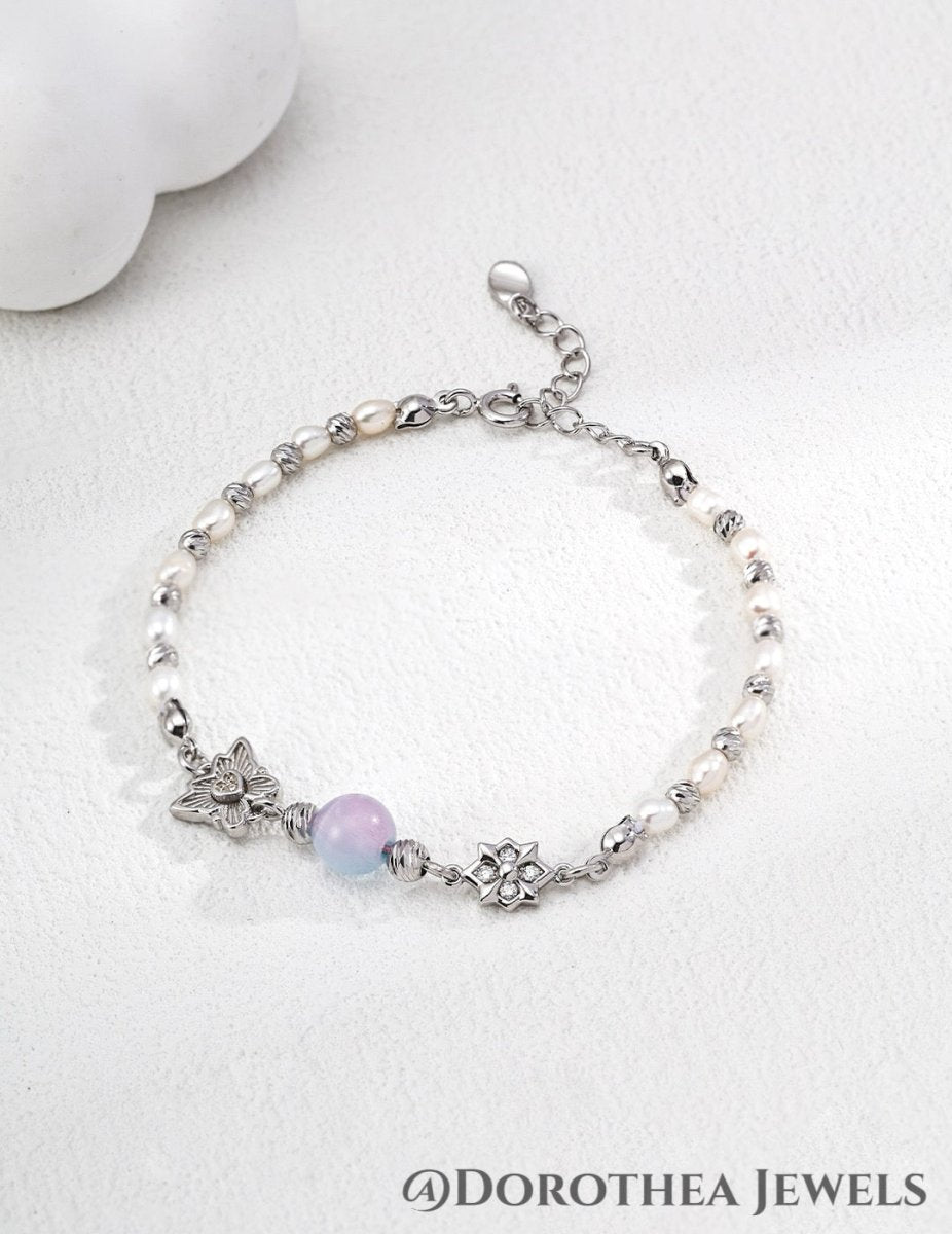 Enchanted Glow: Cat's Eye & Natural Pearl Butterfly Bracelet - DOROTHEA JEWELS