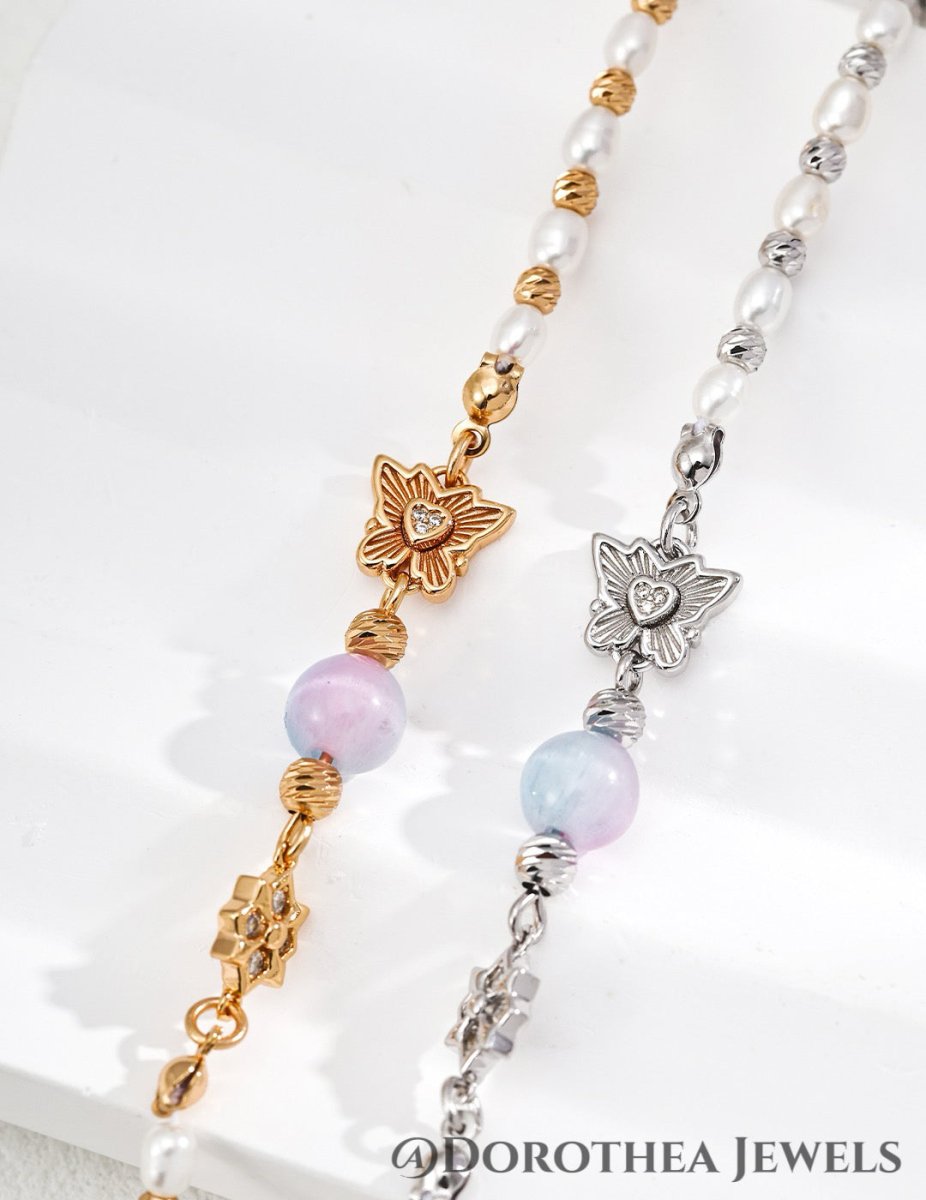 Enchanted Glow: Cat's Eye & Natural Pearl Butterfly Bracelet - DOROTHEA JEWELS