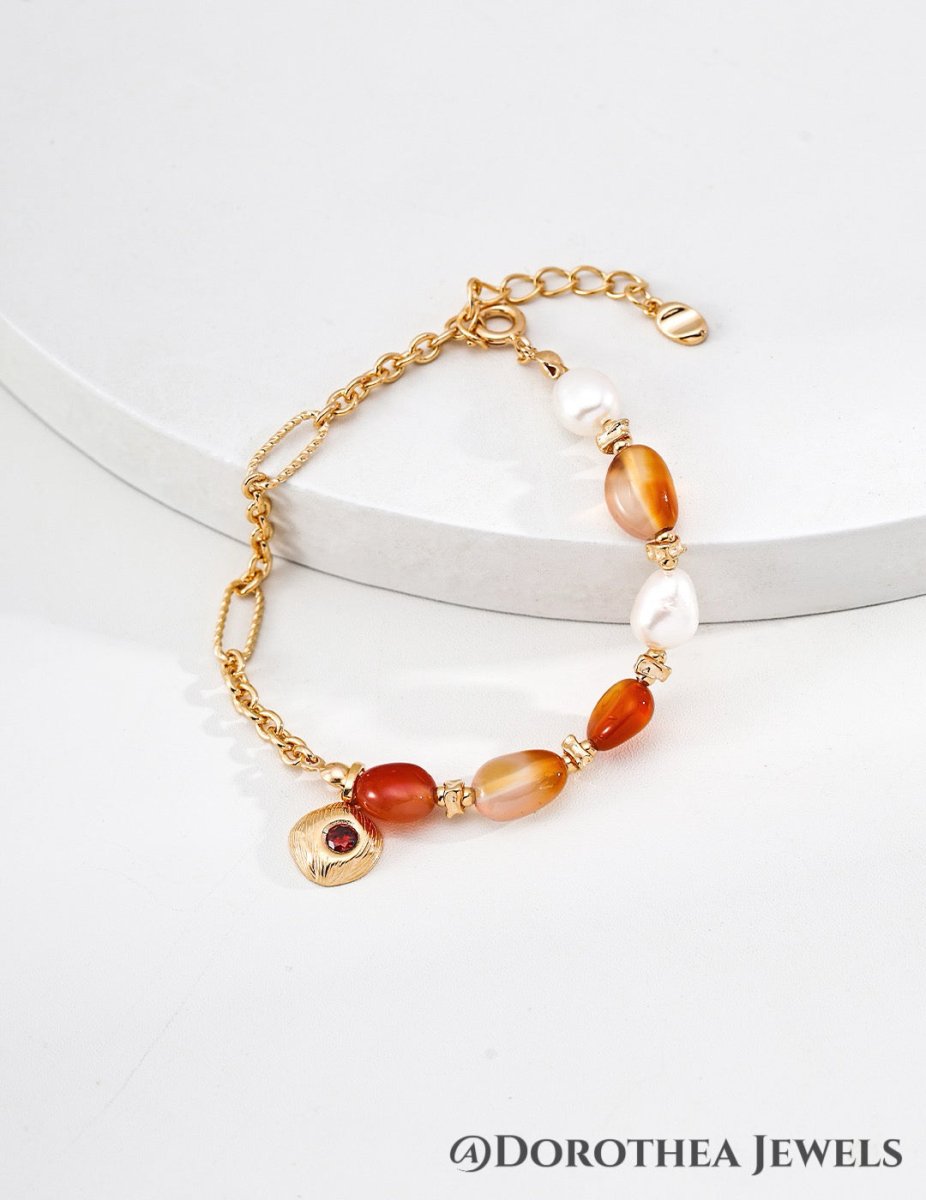 New Chinese Carnelian & Pearl Bracelet - DOROTHEA JEWELS