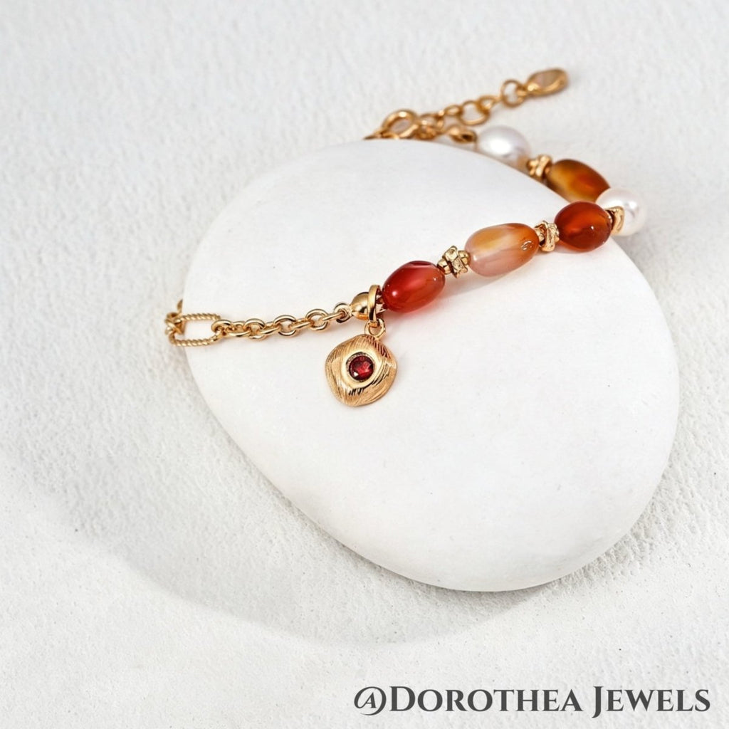 New Chinese Carnelian & Pearl Bracelet - DOROTHEA JEWELS