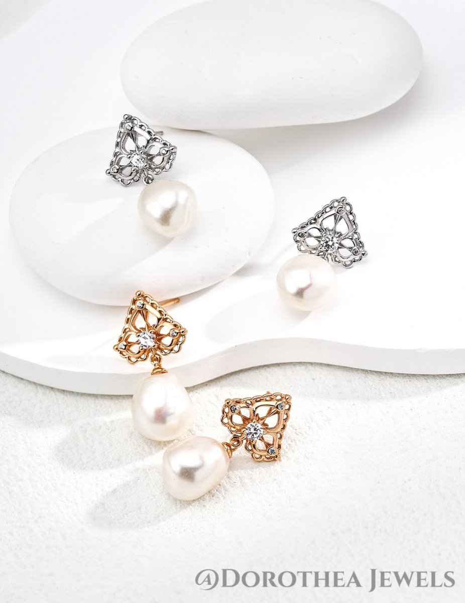 Royal Lace Baroque Pearl Drop Earrings - DOROTHEA JEWELS