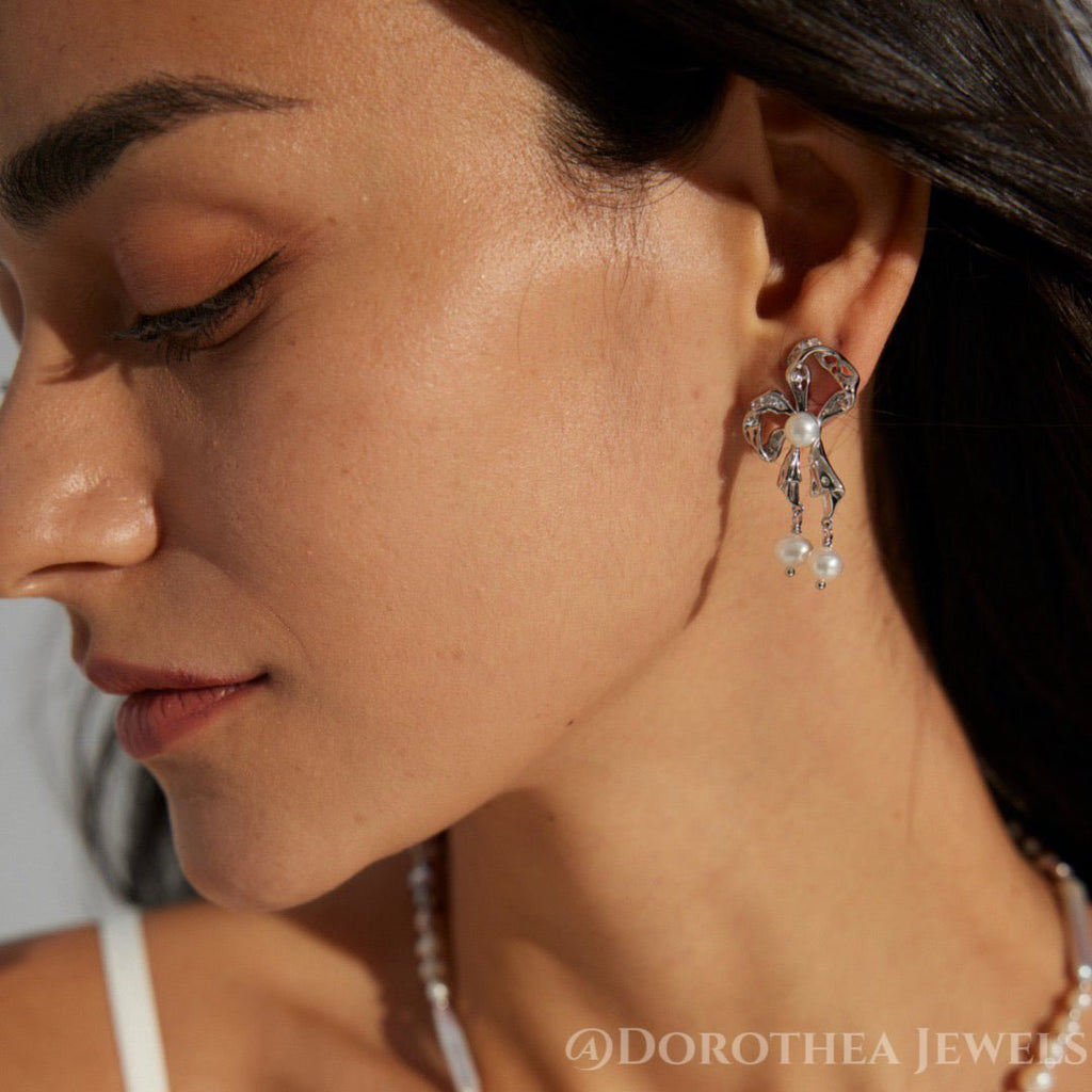 Bow Pearl Drop Earrings - DOROTHEA JEWELS