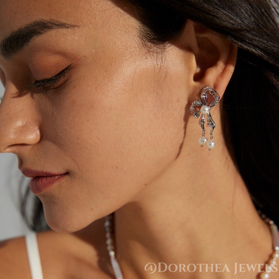 Bow Pearl Drop Earrings - DOROTHEA JEWELS