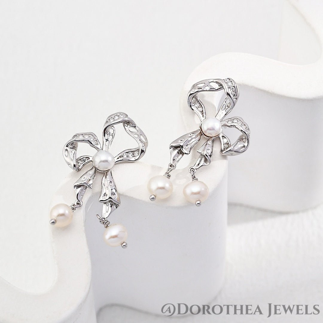 Bow Pearl Drop Earrings - DOROTHEA JEWELS