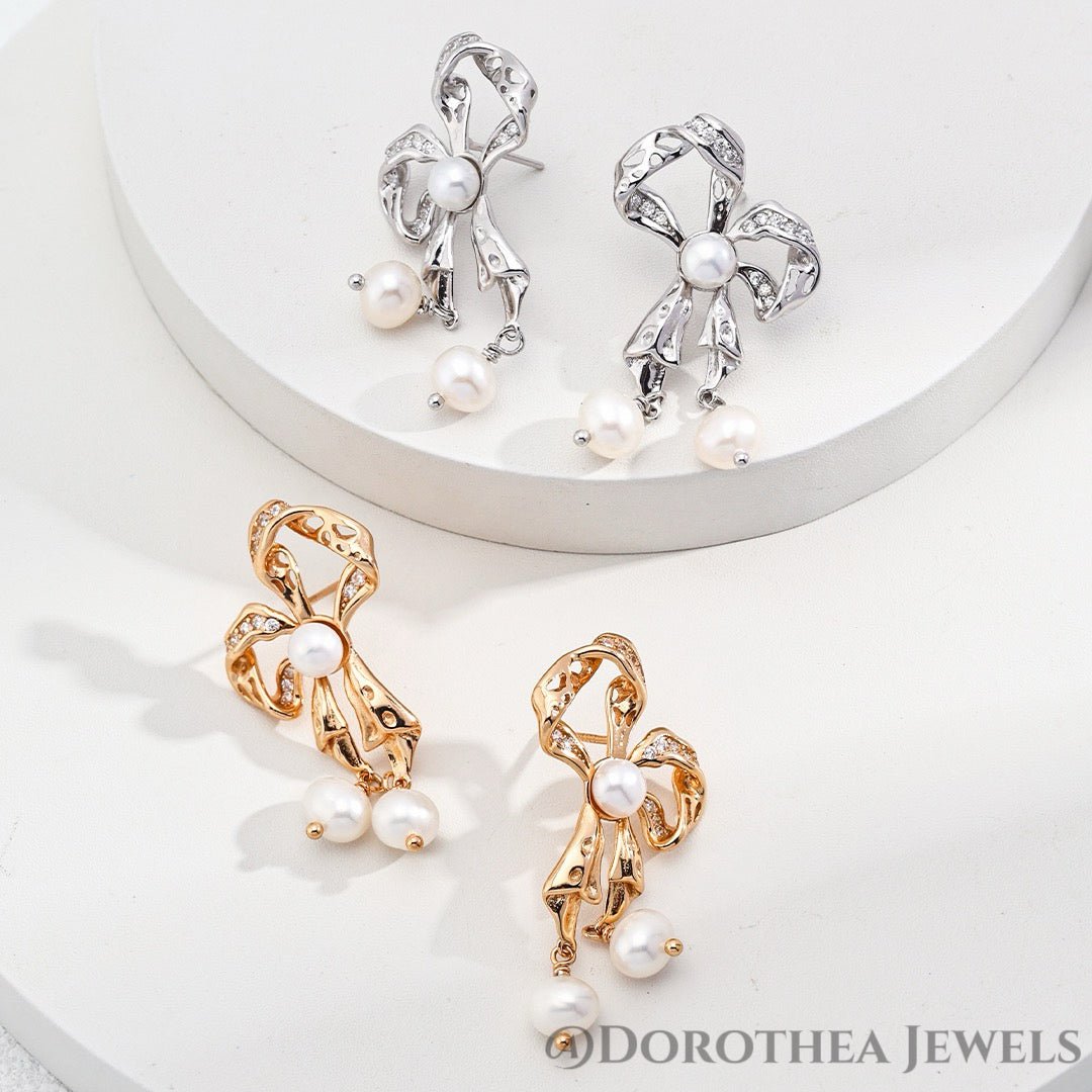 Bow Pearl Drop Earrings - DOROTHEA JEWELS