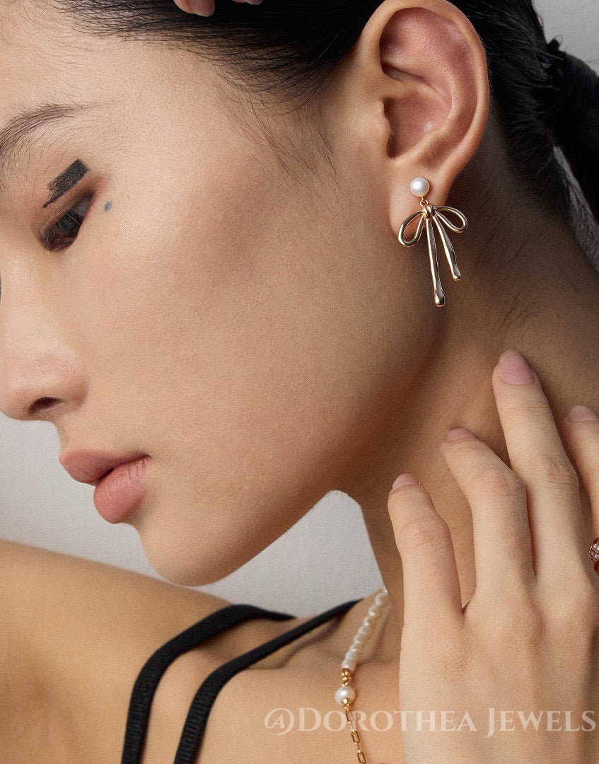 Ribbon Bow Pearl Stud Earrings - DOROTHEA JEWELS