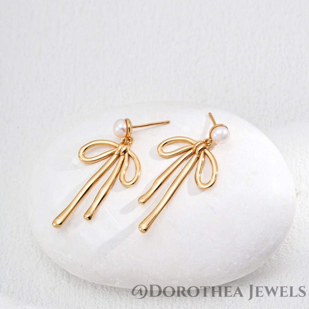 Ribbon Bow Pearl Stud Earrings - DOROTHEA JEWELS