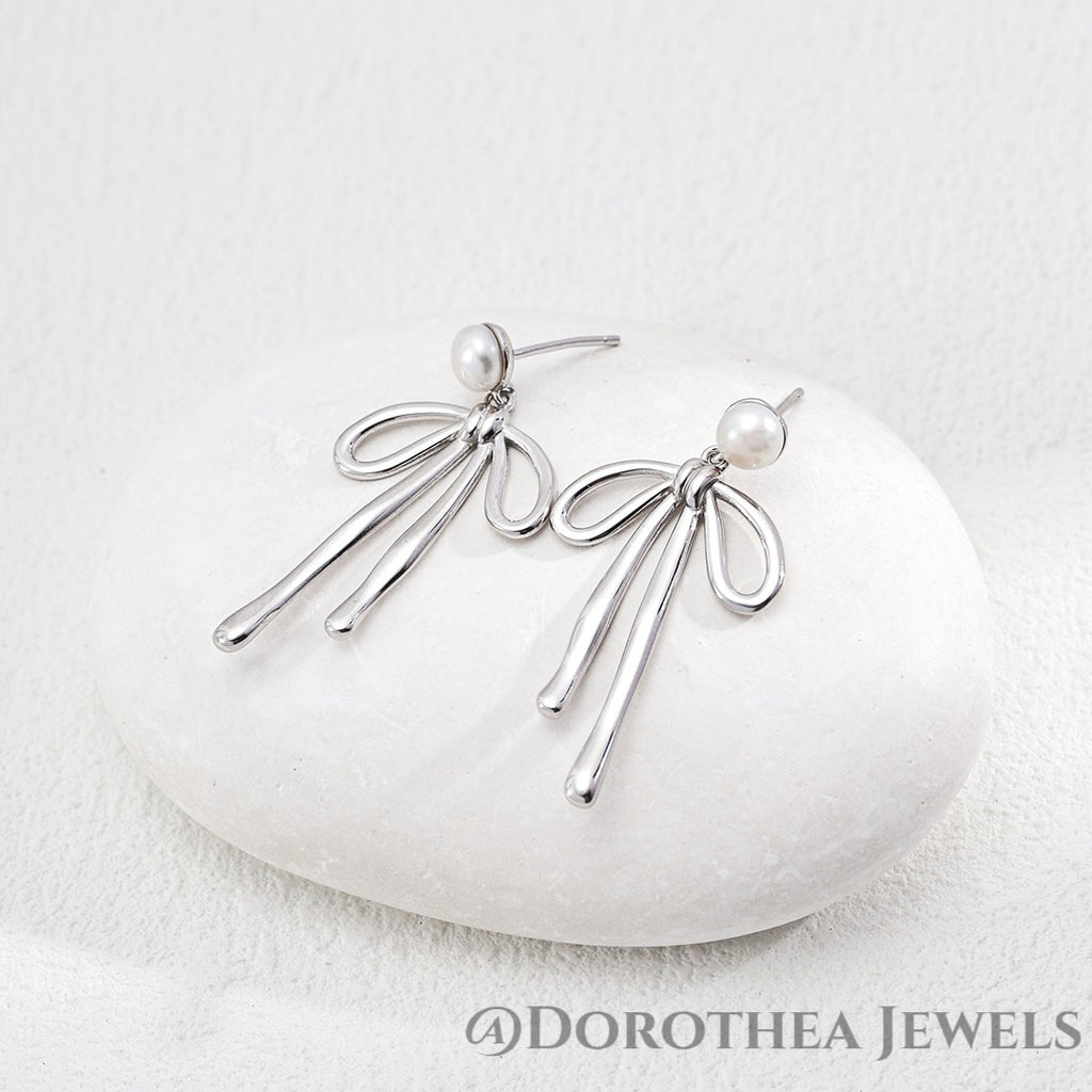 Ribbon Bow Pearl Stud Earrings - DOROTHEA JEWELS