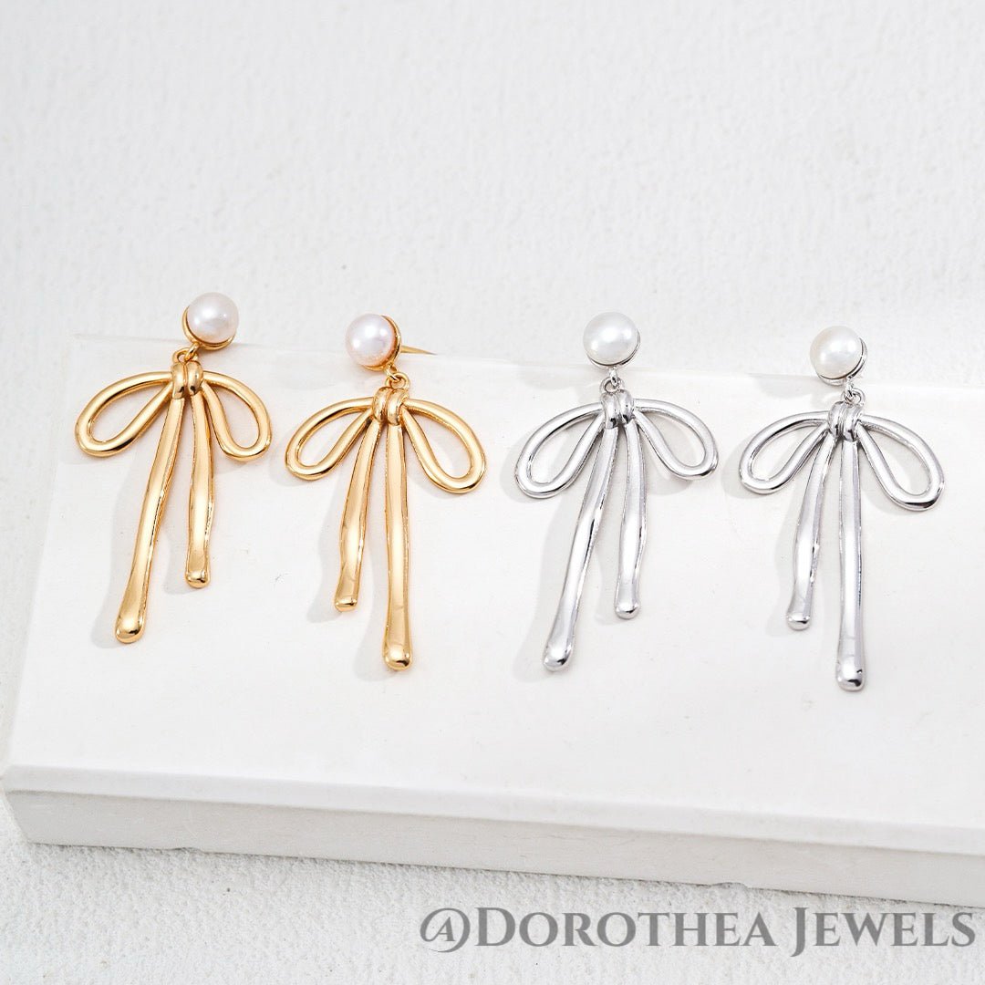Ribbon Bow Pearl Stud Earrings - DOROTHEA JEWELS