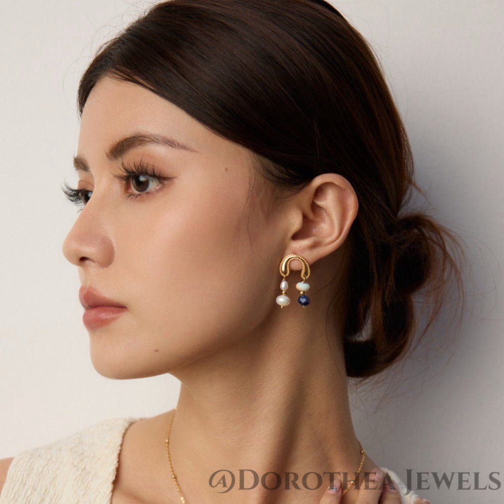 Natural Stone & Pearl Hoop Drop Earrings - DOROTHEA JEWELS