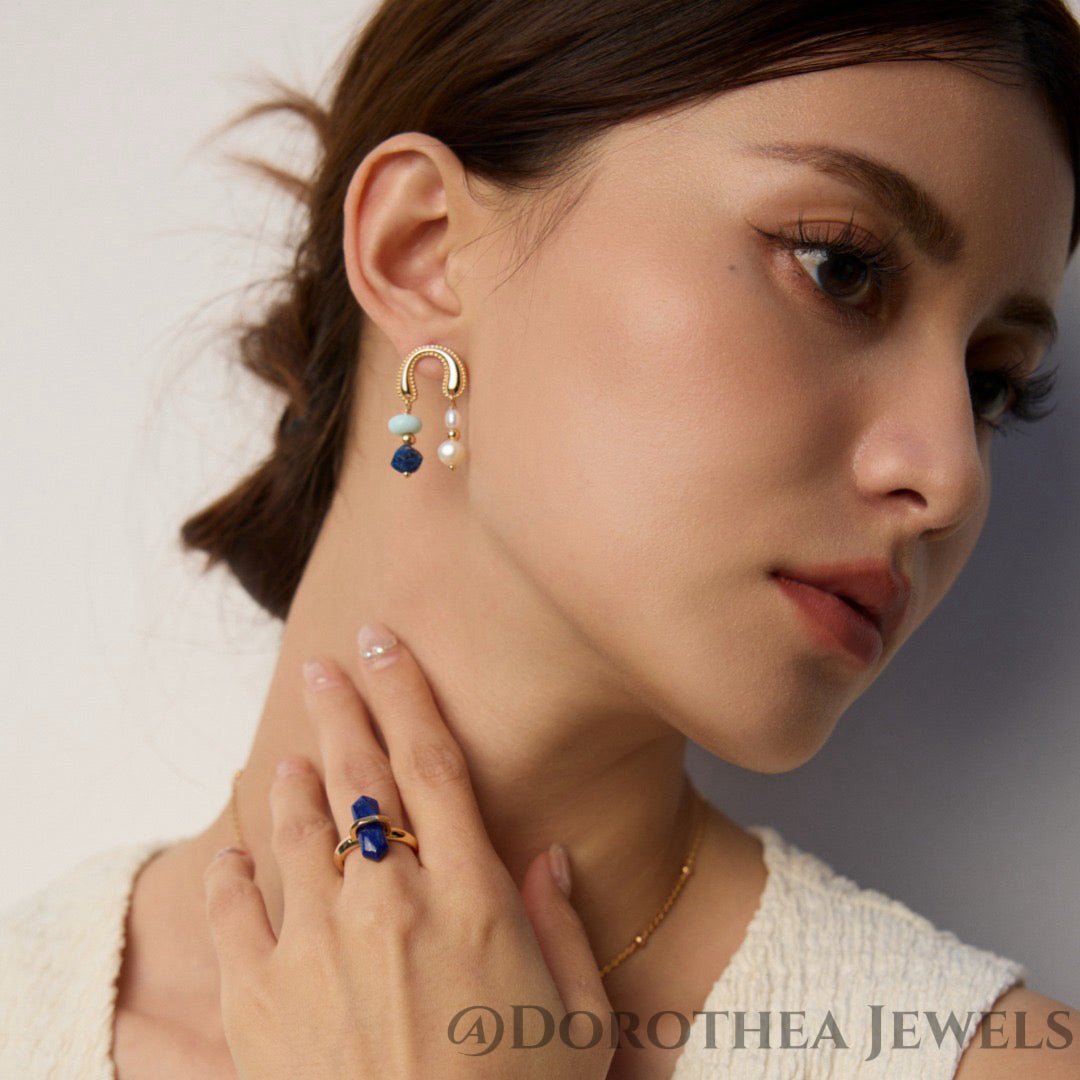Natural Stone & Pearl Hoop Drop Earrings - DOROTHEA JEWELS