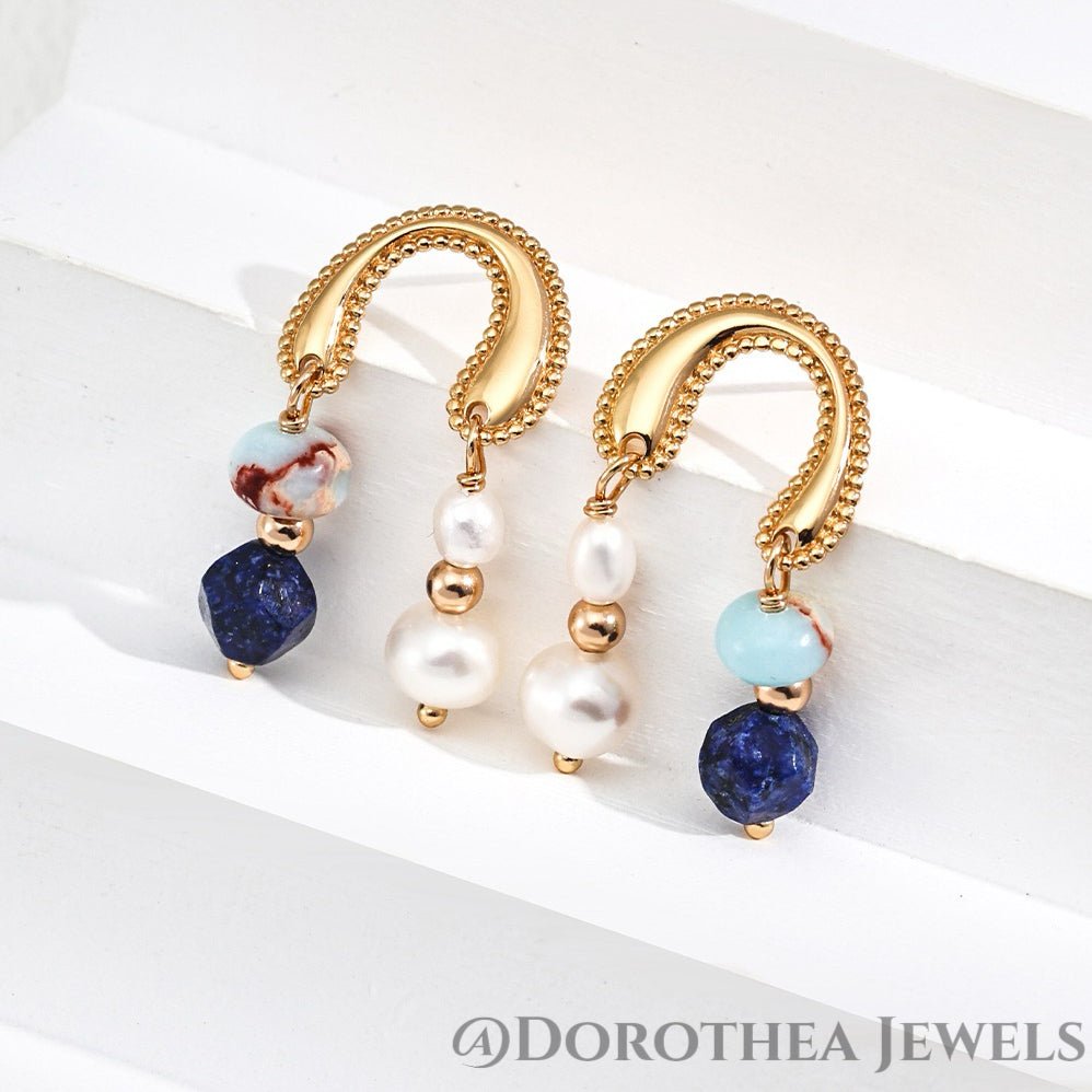 Natural Stone & Pearl Hoop Drop Earrings - DOROTHEA JEWELS