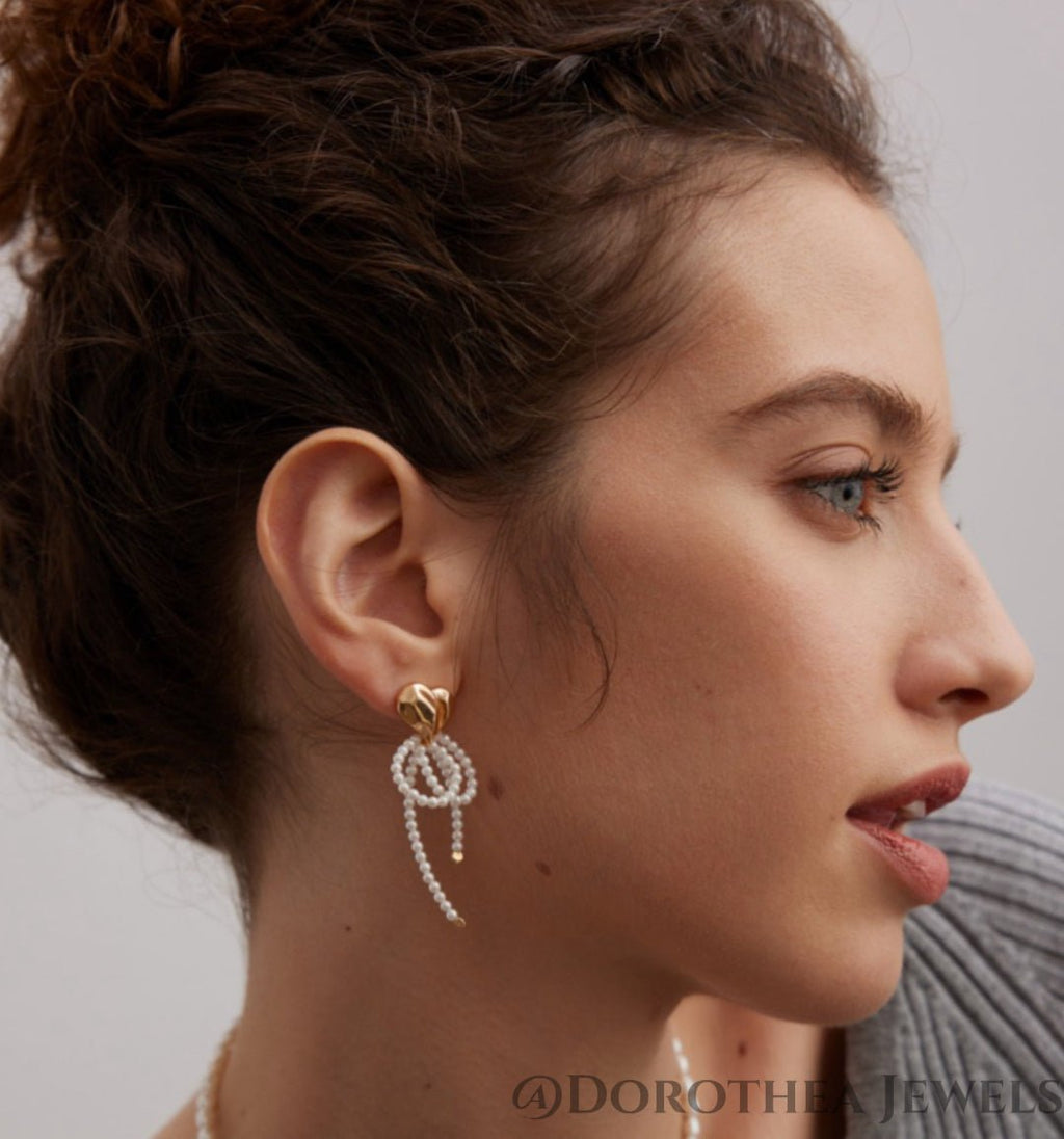 Heart & Pearl Bow Drop Earrings - DOROTHEA JEWELS