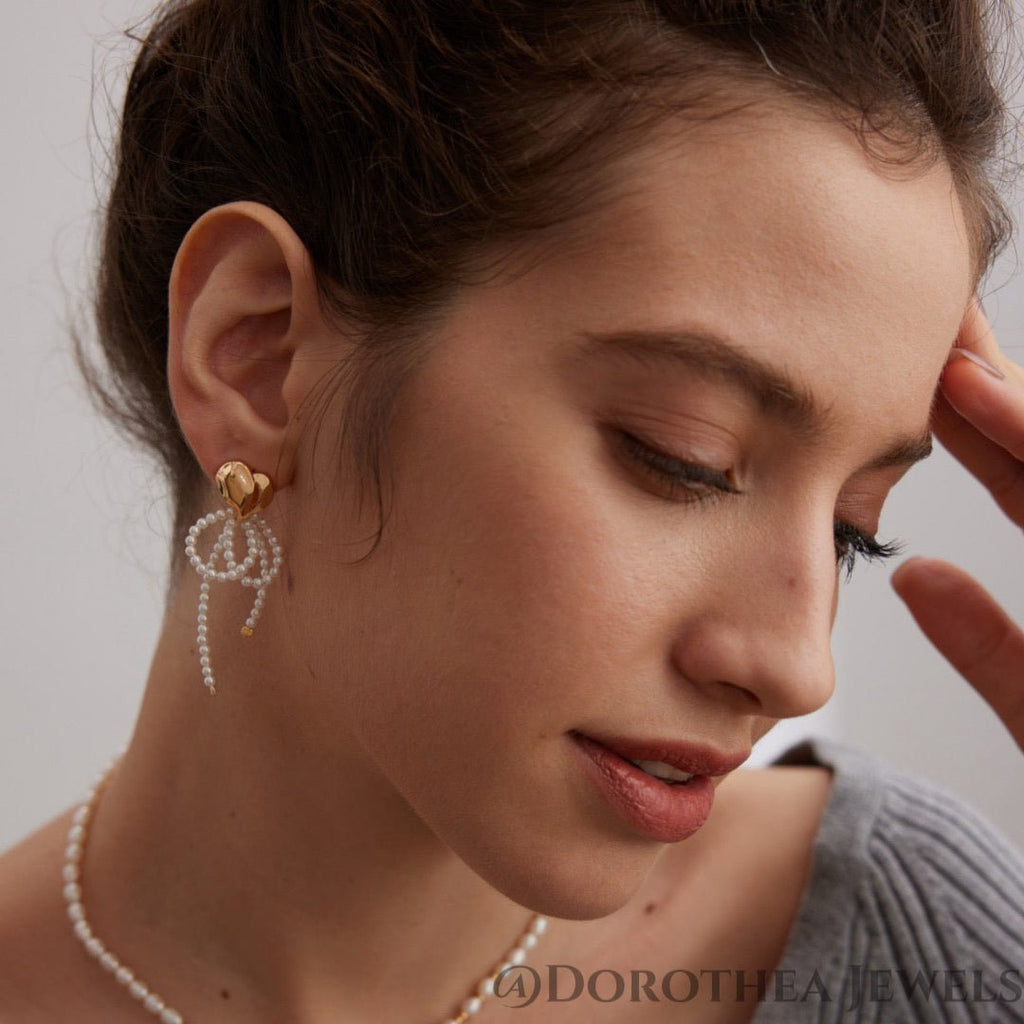 Heart & Pearl Bow Drop Earrings - DOROTHEA JEWELS