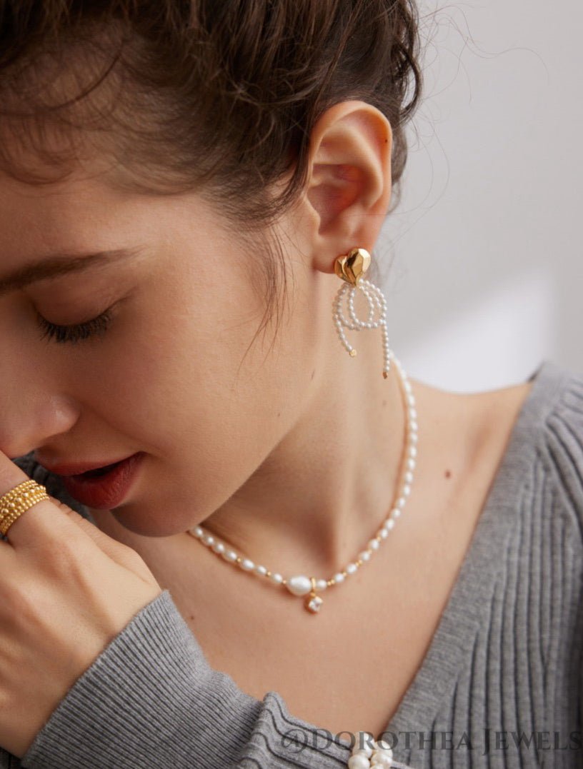 Heart & Pearl Bow Drop Earrings - DOROTHEA JEWELS
