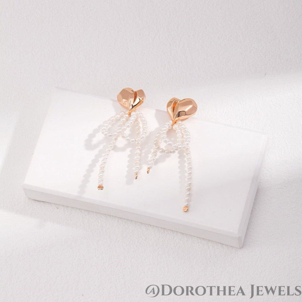 Heart & Pearl Bow Drop Earrings - DOROTHEA JEWELS