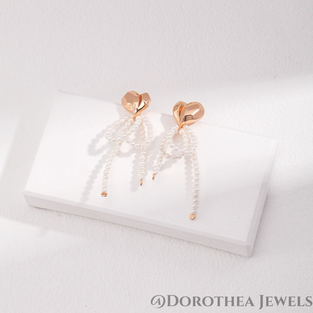 Heart & Pearl Bow Drop Earrings - DOROTHEA JEWELS