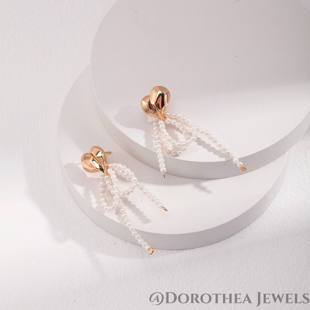 Heart & Pearl Bow Drop Earrings - DOROTHEA JEWELS