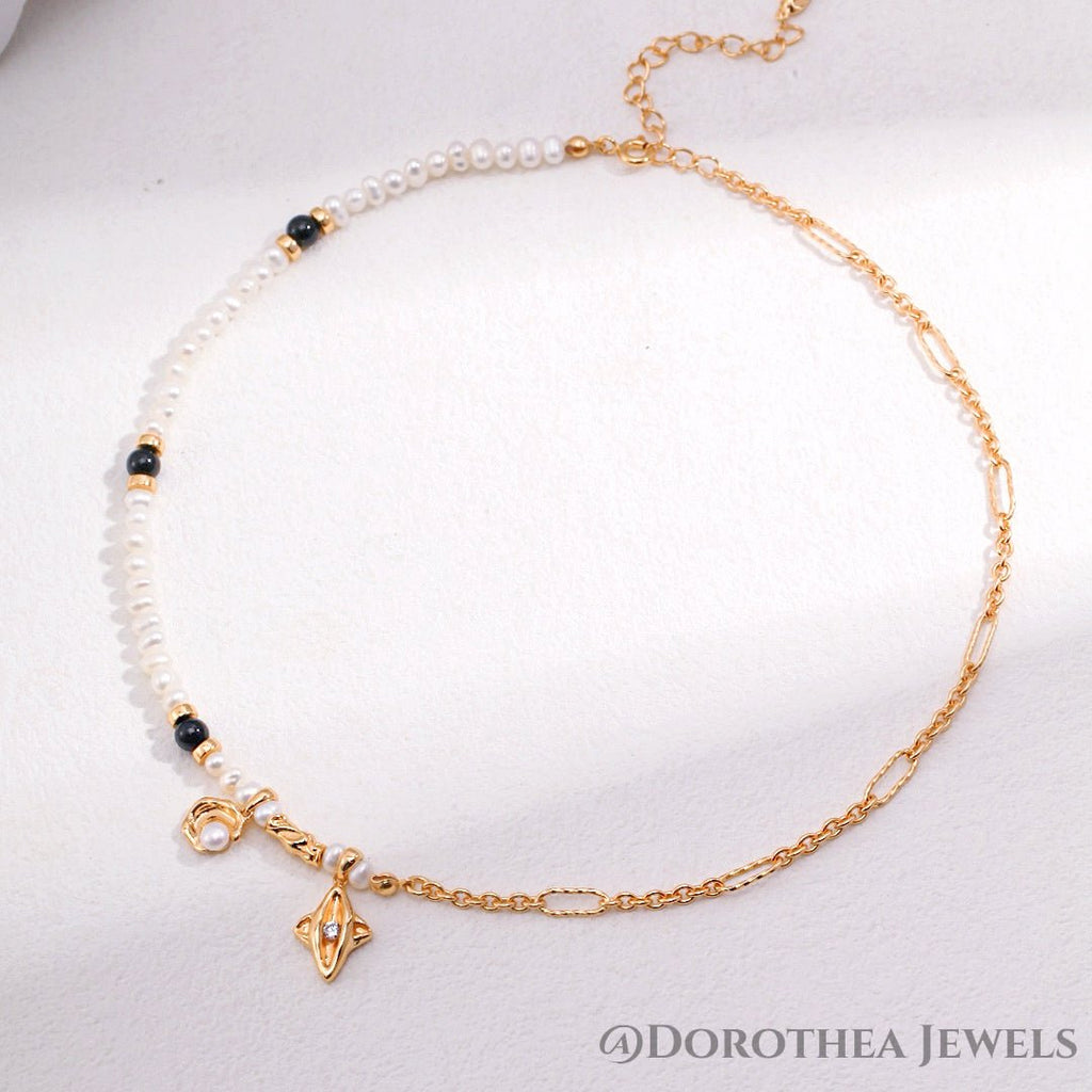 Moon & Star Series Sterling Silver Pearl Necklace - DOROTHEA JEWELS