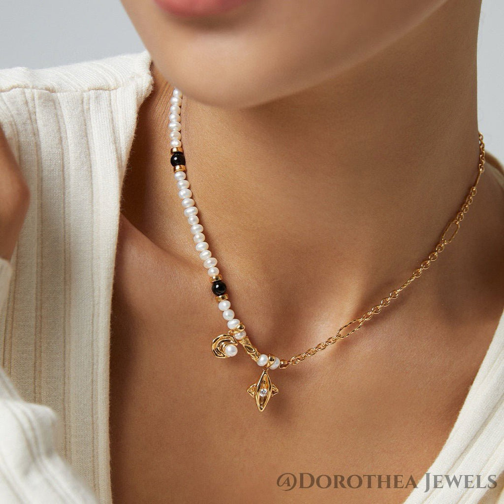 Moon & Star Series Sterling Silver Pearl Necklace - DOROTHEA JEWELS